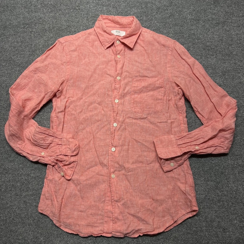 Uniqlo Shirt Mens XS Pink Linen Button Front Long Sleeve Lightweight Casual